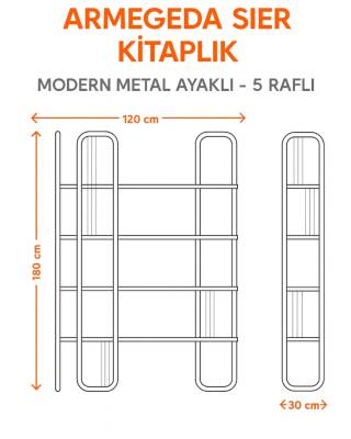 Armegeda Sier Metal Ayaklı Ahşap Raflı Modern Kitaplık – 5 Raflı Dekoratif Düzenleyici - 3