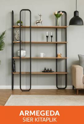 Armegeda Sier Metal Ayaklı Ahşap Raflı Modern Kitaplık – 5 Raflı Dekoratif Düzenleyici