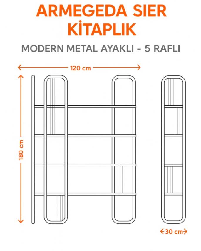 Armegeda Sier Metal Ayaklı Ahşap Raflı Modern Kitaplık – 5 Raflı Dekoratif Düzenleyici - 3