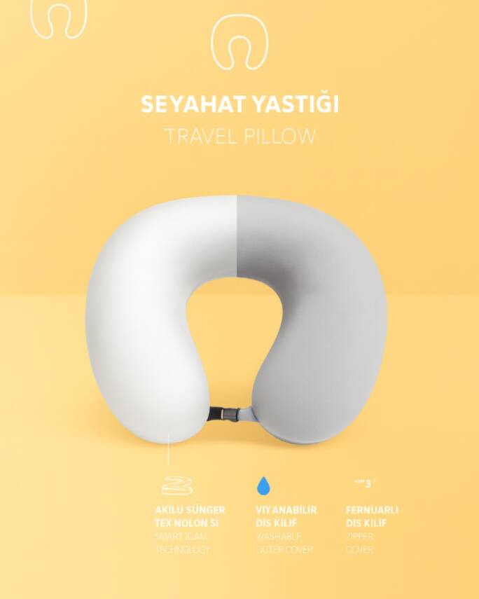  Visco Ortapedik Seyahat Boyun Yastığı Rahat Uyku Gri kadifemsi  - 3