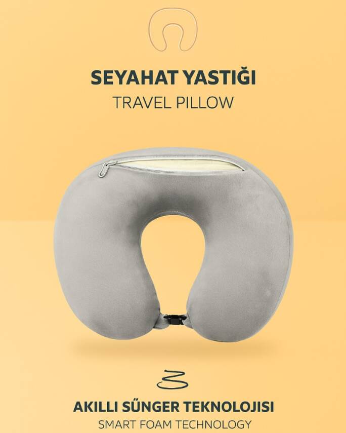  Visco Ortapedik Seyahat Boyun Yastığı Rahat Uyku Gri kadifemsi  - 5