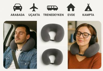  Visco Ortapedik Seyahat Boyun Yastığı Rahat Uyku Gri kadifemsi 