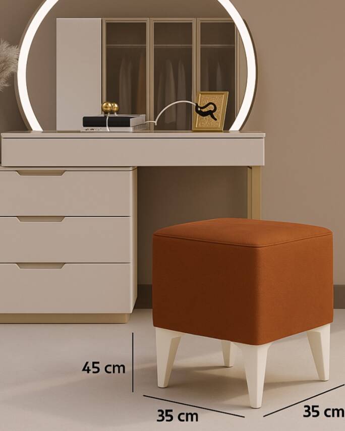 Dekoratif Kare Puf 35x35x45 cm – Kremit Baybface Kumaş, Beyaz Ayaklı Modern Tasarım En uygun fiyatlarla - 2