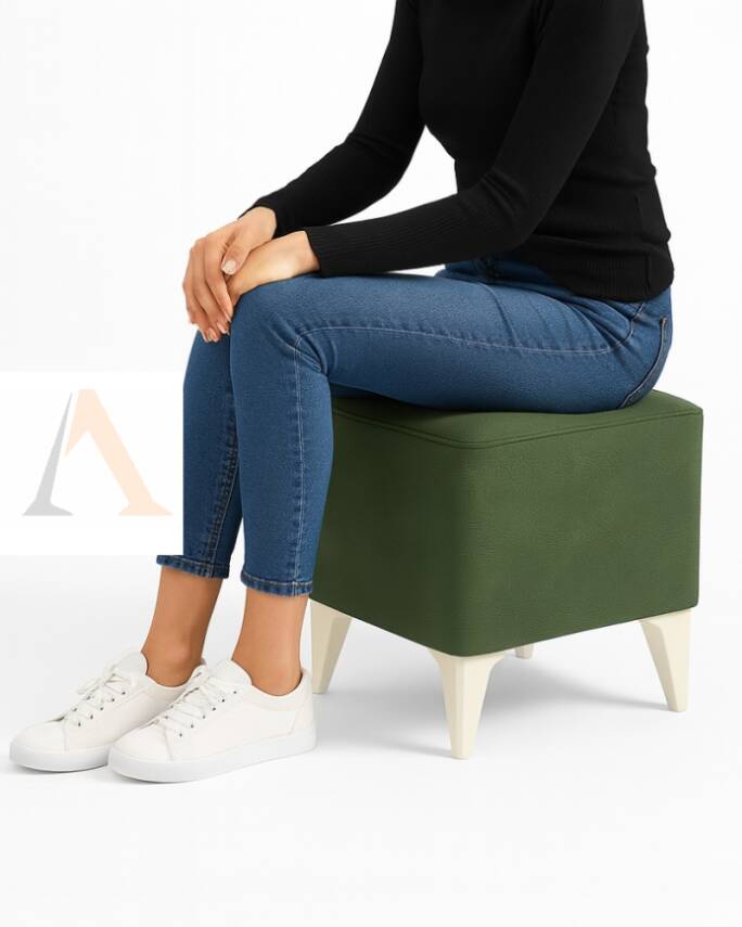 Dekoratif Kare Puf 35x35x45 cm Zen60 Yeşil Sunideri Kumaş, Beyaz Ayaklı Modern Tasarım En uygun fiyatlarla - 3