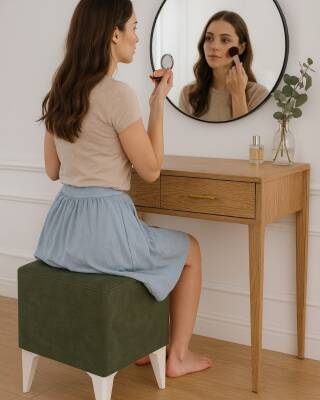 Dekoratif Kare Puf 35x35x45 cm Zen60 Yeşil Sunideri Kumaş, Beyaz Ayaklı Modern Tasarım En uygun fiyatlarla - 4