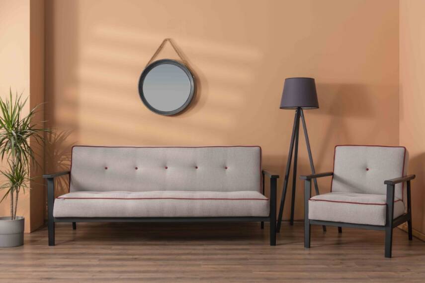 Futon Norik Kanepe 3'lü – Gri Döşeme, Siyah Ahşap Ayak, Modern Tasarım  - 2